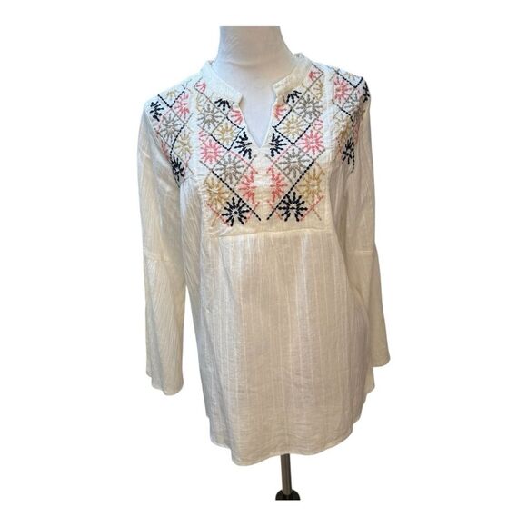 PROJECT EVE Embroidered Tunic Top Off White Bell Sleeve Cotton Women's M - Picture 1 of 10